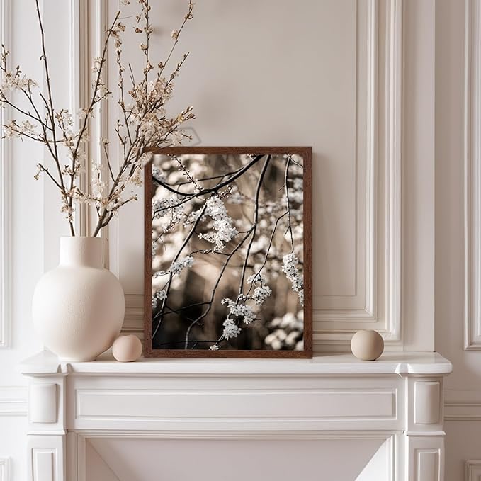 Monem Art Cherry Blossom Branch Photography Print - Moody Botanical Nature Art Poster - Wall Decor for Living Room, Bedroom or Office - 8x10 Brown Framed Wall Art by Mareike Bohmer