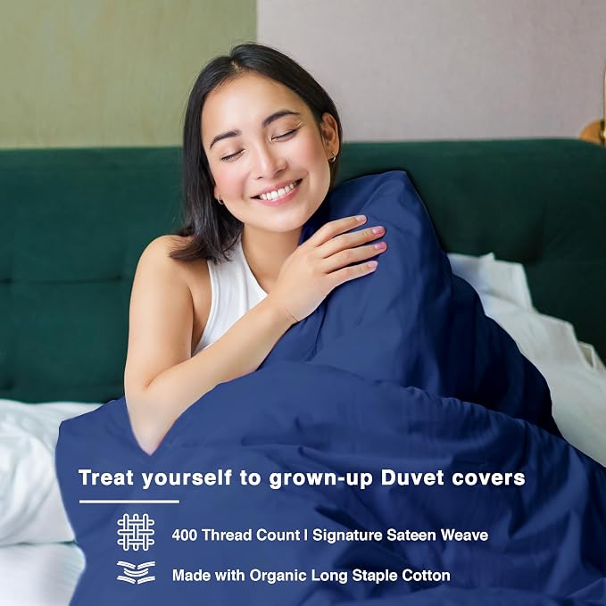 Fabdreams GOTS Certified 100% Organic Cotton Duvet Cover King Size - 400 TC Sateen - Soft - Silky - Button Closure - Edge Ties - 1 Duvet Cover (106"x92")+2 Pillow Shams (20"x36") - Dark Blue