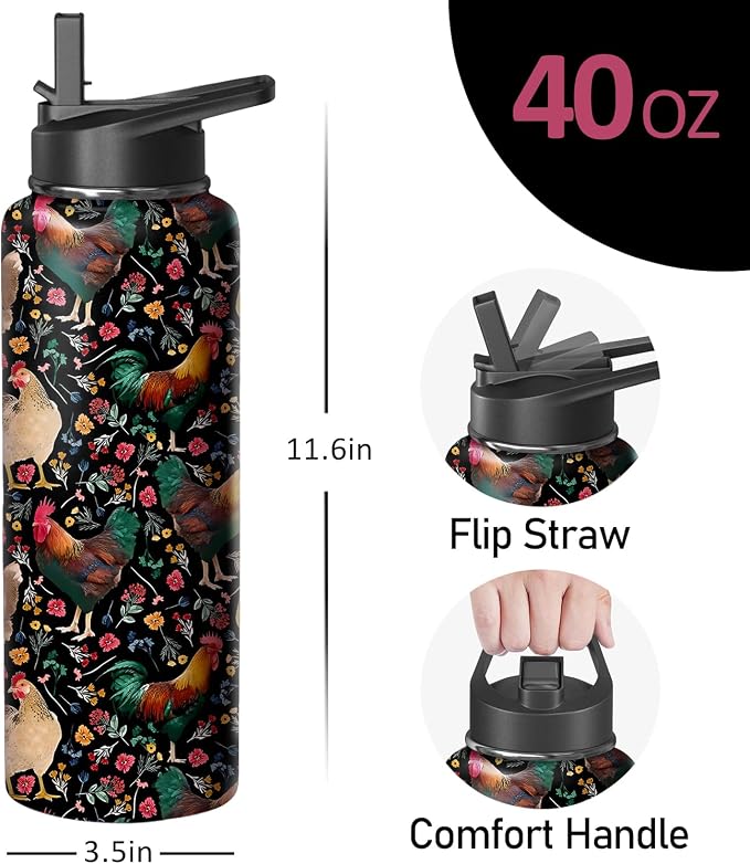 40oz Chicken Water Bottle with Handle and Flip Straw, Animal Sports Stainless Steel Insulated Cup Travel Coffee Mug Tumbler, Birthday Mothers Day Chritmas Gifts for Women