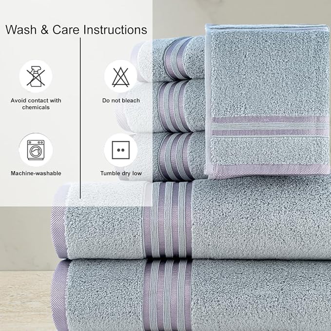 CASA COPENHAGEN Zero Twist 6Pcs 100% Egyptian Cotton Large Designer Towels Gift Set- Grey Violet, 600 GSM, 2Bath 2Hand 2Washcloths, Bath Towels for Bathroom Set for Women & Men