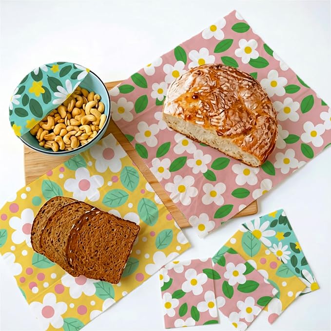 Reusable Beeswax Wrap, 9 Pack Eco-Friendly Beeswax Wraps For Food, Organic, Sustainable, Biodegradable, Zero Waste, Plastic-Free Food Storage, 1XL, 3M, 5S Spring Floral Daisy Pattern