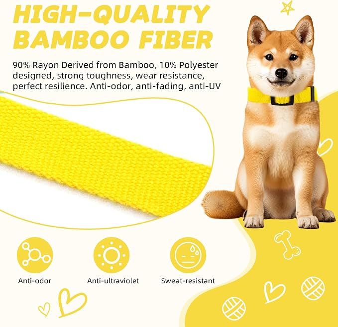 Yellow Dog Collar for Small Dogs, Breathable, Anti-Odor & Soft, Comfortable for Sensitive Skin Puppies, 90% Bamboo Rayon, Adjustable Quick-Release Buckle Pet Collar for Chihuahuas Frenchie