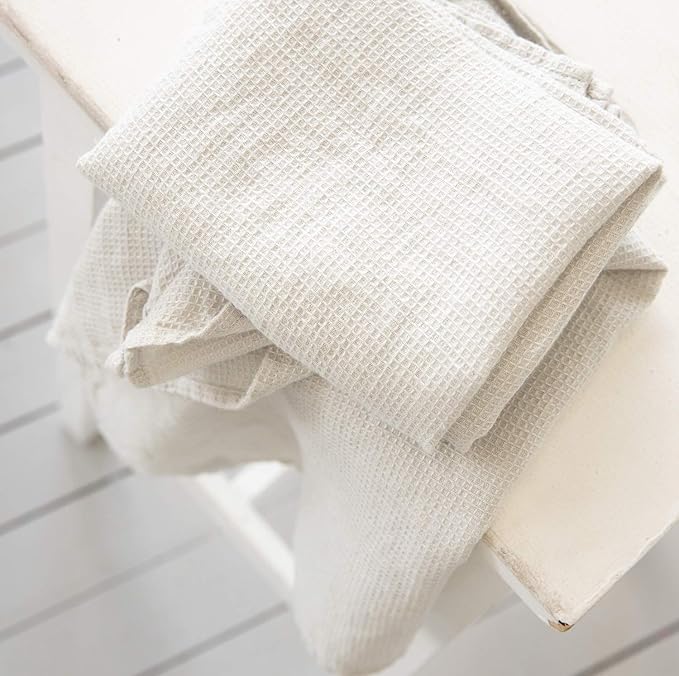 LinenMe Set of 2 Washed Waffle Linen Hand Towels, 20 by 28"-inch, Silver, Prewashed, 100% European Linen