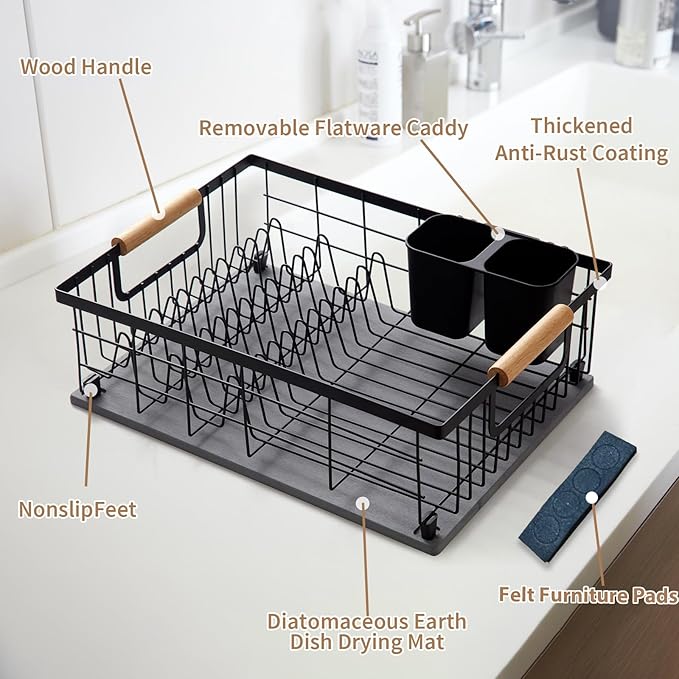 Dish Drying Rack with Stone Dish Drying Mat for Kitchen Counter, 16'' Lx 12''W Dish Drainer with Diatomaceous Earth Quick Dry Mat, Organization and Storage Essentials with Cup & Cutlery Holders
