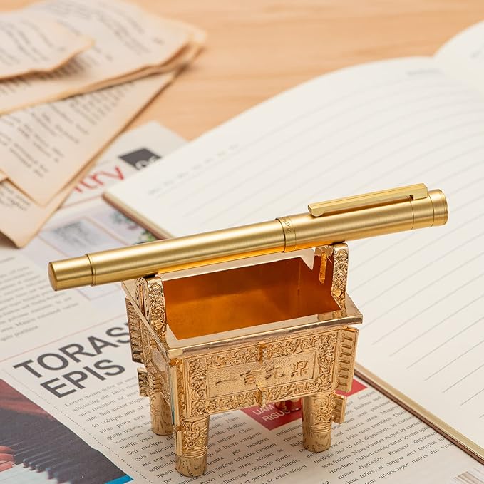 HONG DIAN Forest Pro Solid Brass Fountain Pen, Bent Nib for Fude Calligraphy Writing (Fine to Broad) with Converter and Metal Pen Box Set