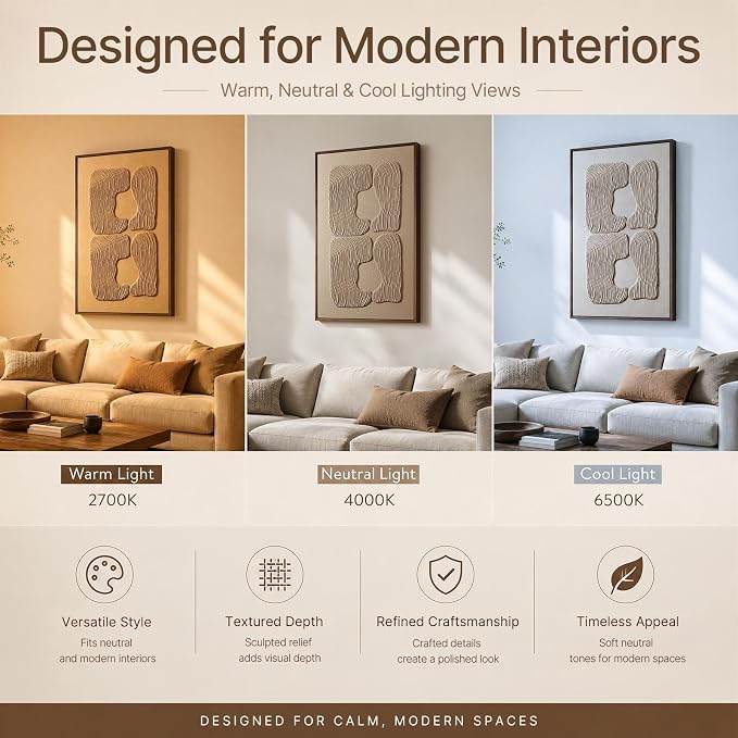 3D Textured Wall Art for Living Room, 1 Piece Wabi Sabi Abstract Sandstone Relief Artwork with Solid Catalpa Wood Frame, Minimalist Abstract Pictures for Hallway Entryway, Warm Oatmeal Beige, 24x36 In