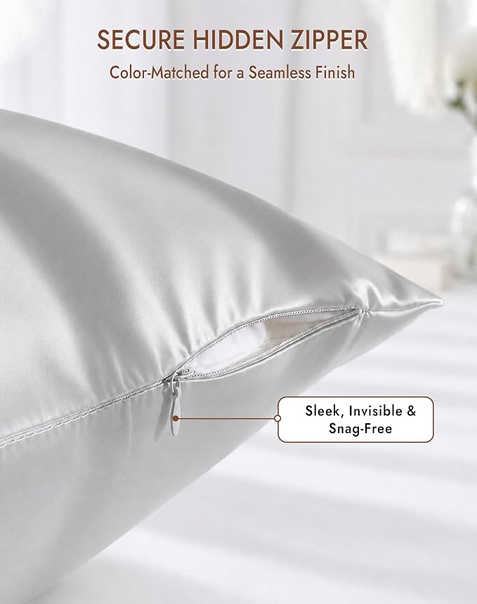 SilkSilky 100% Pure Organic Mulberry Silk Pillowcase for Hair & Skin, Both Sides Grade 6A Pillow Cases with Hidden Zipper, Breathable Cooling Silk for Beauty Sleep (Standard 20''x26'', Silver)