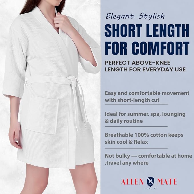 ALLEN & MATE 100% Cotton Women's Short Robe Dual Fabric Waffle Outside & Terry Towel Inside Kimono Bathrobe Medium Weight