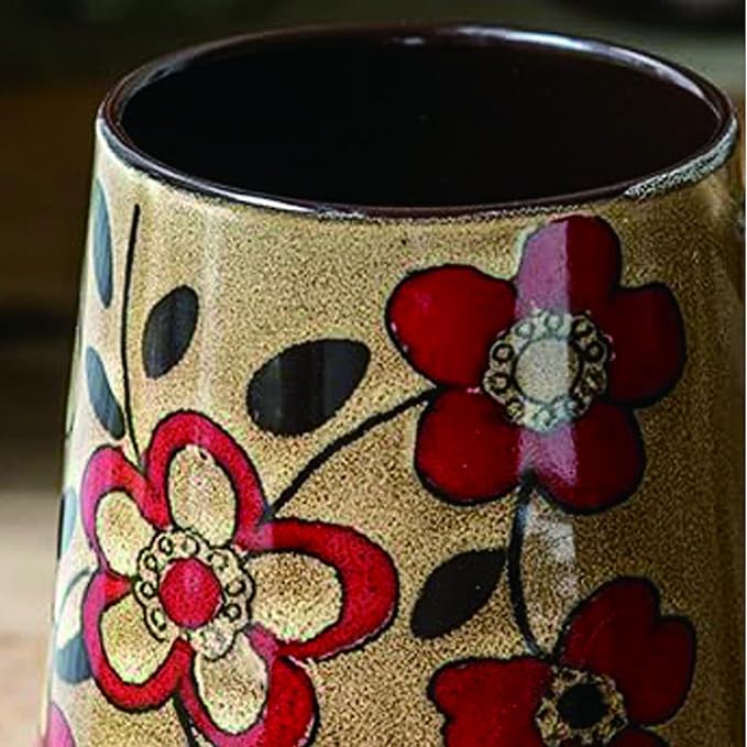 Large 24 oz Ceramic Coffee Mug with Handle, Vintage Coffee Cup, Extra Big Tea Cup for Office and Home, Dishwasher and Microwave Safe, Khaki with Red Flower,Perfect for Home and Work Gifts