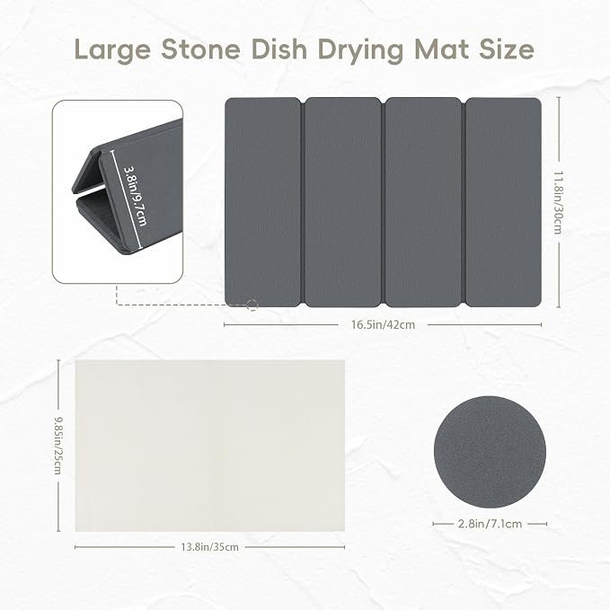 Small Stone Drying Mats for Kitchen Counter, Quick Dry Stone Dish Drying Mat 16"(L)×12"(W), Foldable Absorbent Diatomaceous Pad for Dish Rack, Plates, Cups, Pans