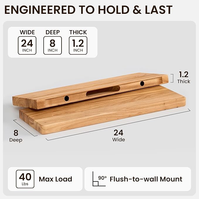 Fun Memories 24 Inch Floating Shelf, 8 Inch Deep Rounded Edge Reclaimed Elm Wood Wall Shelf with Hidden Bracket for Bathroom, Kitchen & Bedroom
