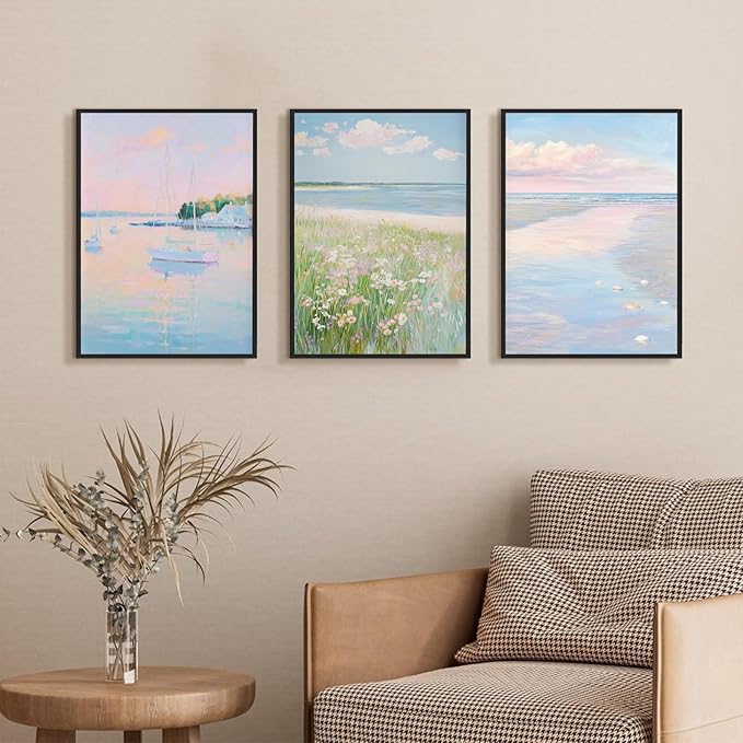Coastal Pink Wall Art Set of 3 Maximalist Ocean & Beach Landscape Canvas Poster Trendy Sailboats Flowers Sunset Painting Pastel Picture Prints for Bedroom Home Decor 12x18inch Aluminum Framed