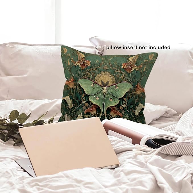 Vintage Luna Moth Throw Pillow Cover Gifts 18x18, Cottagecore Floral Decor Pillow Cases for Bedroom Living Room, Green Mystical Gothic Art Nouveau Square Pillowcases for Couch Bed Sofa