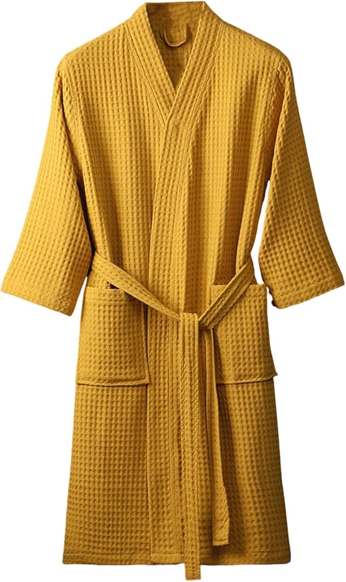 Men & Women Long Sleeve Kimono Bathrobe Lightweight Waffle Absorbent Spa Robe with Belt and Pockets