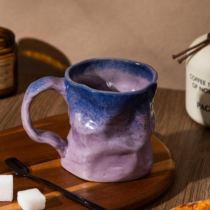 Handmade Ceramic Coffee Mugs, Mugs with Spoon, 11oz, Handmade Pottery Mug with Handle, Hand-painting, Unique Uneven Surface Tea cups, Dishwasher and Microwave Safe (Purple)