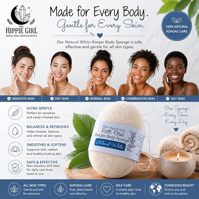 Roote Ritual Konjac Body Sponge – 100% Natural Exfoliating Shower Sponge for Sensitive Skin – Gently Deep Cleanses, Earth-Friendly Loofah, Biodegradable, Vegan – for Women, Men (Natural White)