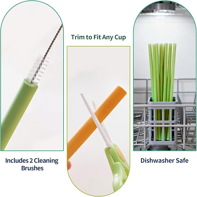 6 Pack Reusable Silicone Straws Compatible with Stanley 40oz 30oz 20oz Tumblers, 12.2" Long x 0.374" Diameter BPA-Free Drinking Straws with 2 Cleaning Brushes, Flexible Cuttable Teeth-Friendly