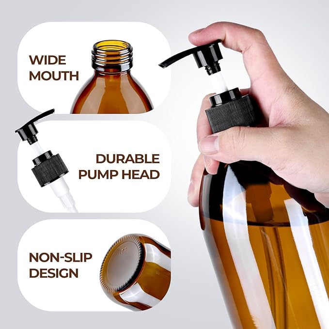 16 oz Amber Glass Soap Dispenser with Pump, Glass Pump Bottle for Lotion Body Oil, 500ml Hand and Dish Soap Dispensers Set with Storage Caps, Labels - 2 Pack