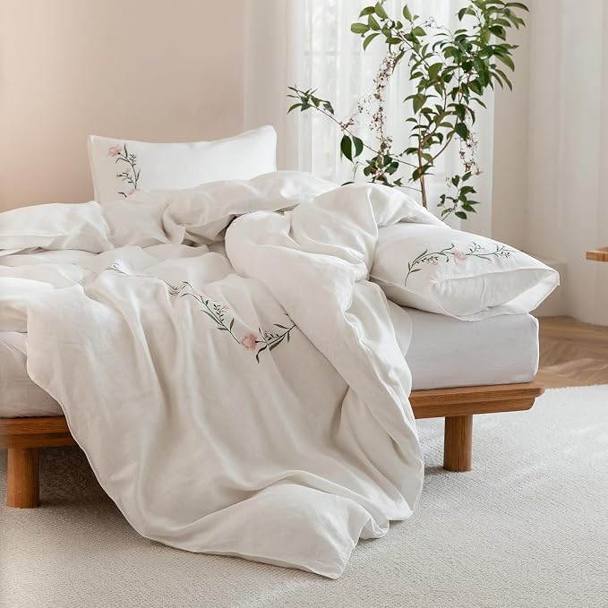 EVERLY 100% Pure Linen Duvet Cover Set King Size 104X90Inch 3pcs (1 Duvet Cover,2 Pillowcases) Soft and Breathable for All Season with Coconut Button Closure, Suitable for Hot Sleepers-Linen King