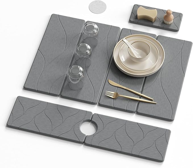3 PCS Large Stone Dish Drying Mat for Kitchen Counter -24"x16" Absorbent Diatomaceous Earth Mat with Stone Faucet Mat & Soap Tray - Quick Dry, Collapsible, Non-Slip Countertop Organizer