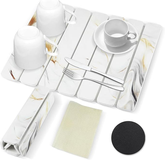 Large Stone Drying Mat for Kitchen Counter, 16"x12" Collapsible Diatomaceous Earth Drying Mat, Instant Absorbent Dish Drying Pad, Stone Drying Rack Space Saver Drying Board for Kitchen Sink, White