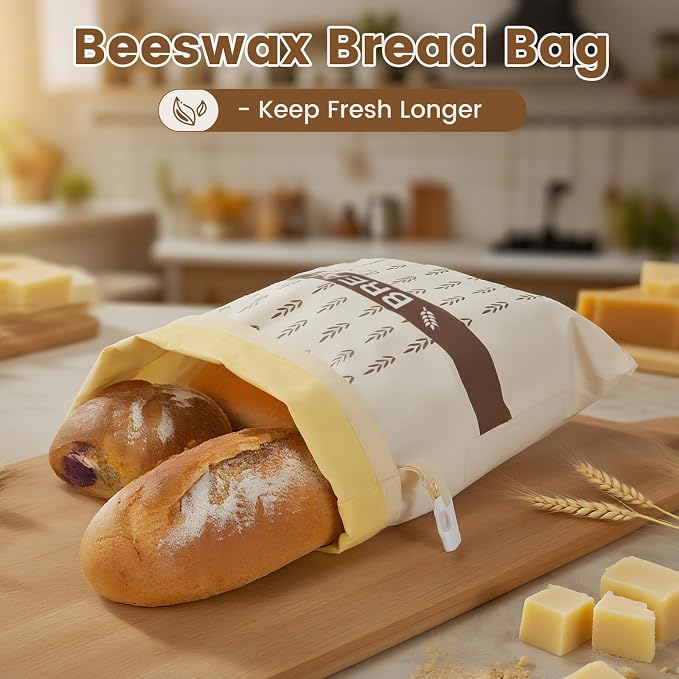 Reusable Beeswax Bread Bags for Sourdough & Homemade Bread, 2 Pack XL Cotton Storage Bag to Keep Loaves Fresh Longer, Freezer Safe & Eco-Friendly