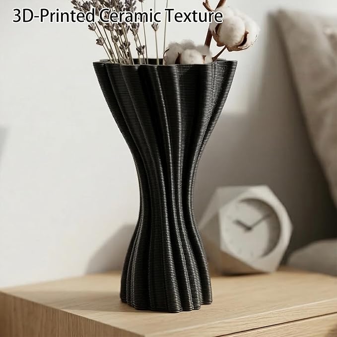 Minimalist Black Ceramic Vase, Irregular Organic Shape Decorative Flower Vase for Home Decor, Wabi-Sabi Modern Accent for Living Room Table Shelf
