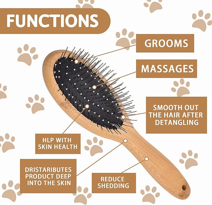 DC QZHMKJ PET Dog Cat Brush, Pet Brushes for Dogs Pet Slicker Brush with Bamboo Handle for Dogs and Cats Long Hair Pets Grooming Comb for Removing Shedding