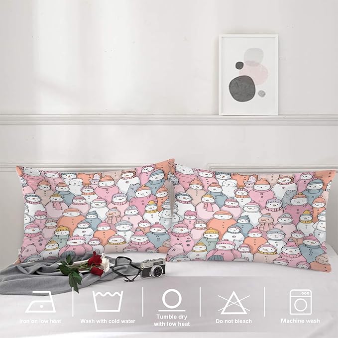Shrahala Cute Snowmen Winter Accessories Pillowcases, Doodle Pastel Snowmen Lumbar Pillow Cover Decorative Blended Double-Sided No Inserts for Bedroom Sofa Living Room Set of 2 (26 x 20 in)