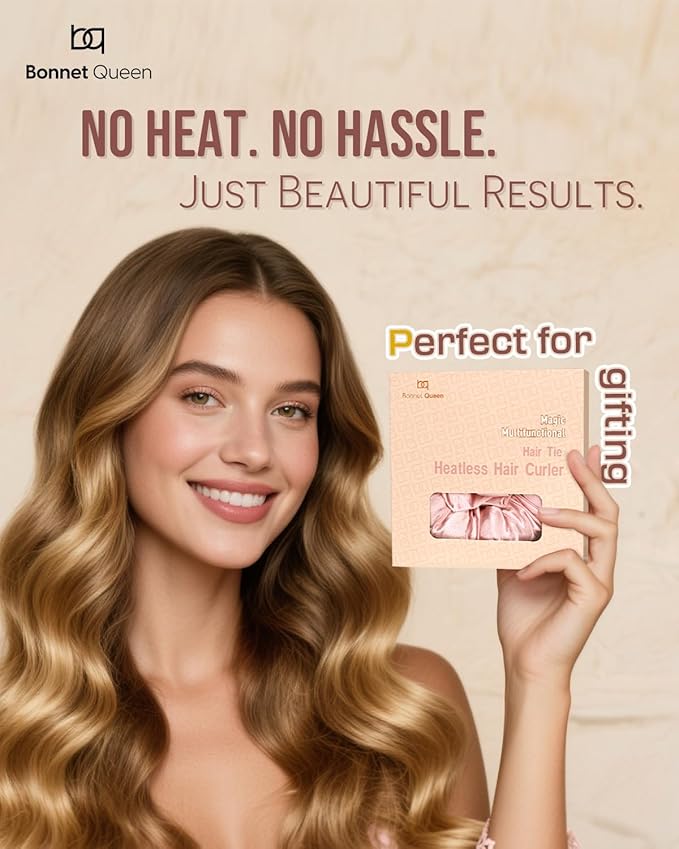 BONNET QUEEN Multi-function Satin Heatless Hair Curler & Hair Tie Non-Heating Hair Roller Curling Rod with Scrunchie, Large, Cream Pink(For Big Curls)