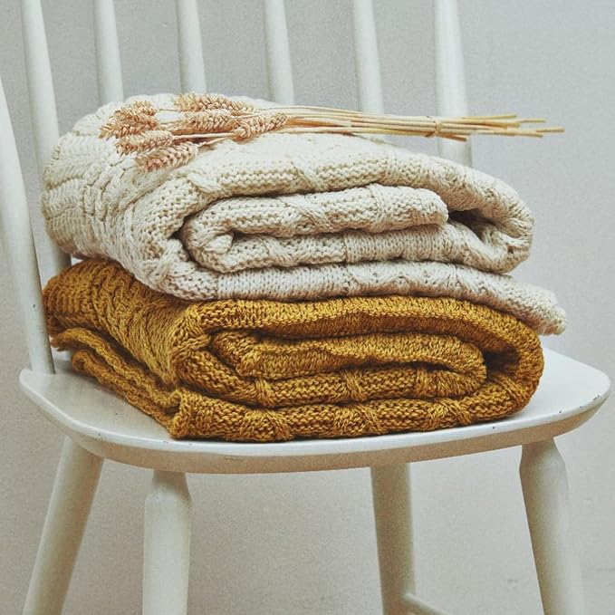 Aran Woollen Mills Patchwork Blanket, 100% Merino Wool, Cable Throw Blanket for Couch or Bed, Made in Ireland, Keel, Yellow, 40" x 60" (102 x 152 cm)