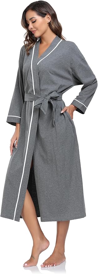 COLORFULLEAF 100% Cotton Women's Robes Summer Lightweight Kimono Soft Long Cotton Bathrobe for Women with Pockets