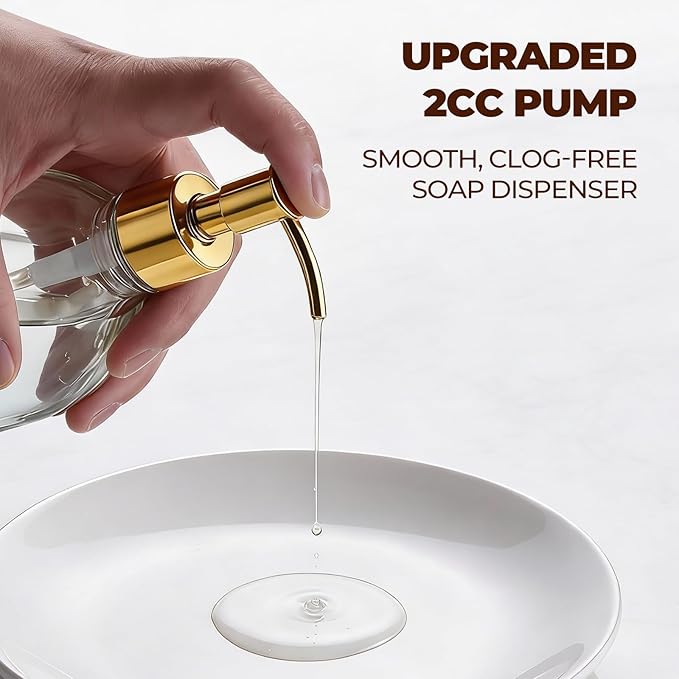 8 oz Clear Glass Pump Bottle, 250ml Small Lotion Dispenser Bottle for Body Massage Oil, Refillable Empty Hand and Dish Soap Dispensers Set with Plastic Golden Pump, Labels - 2 Pack