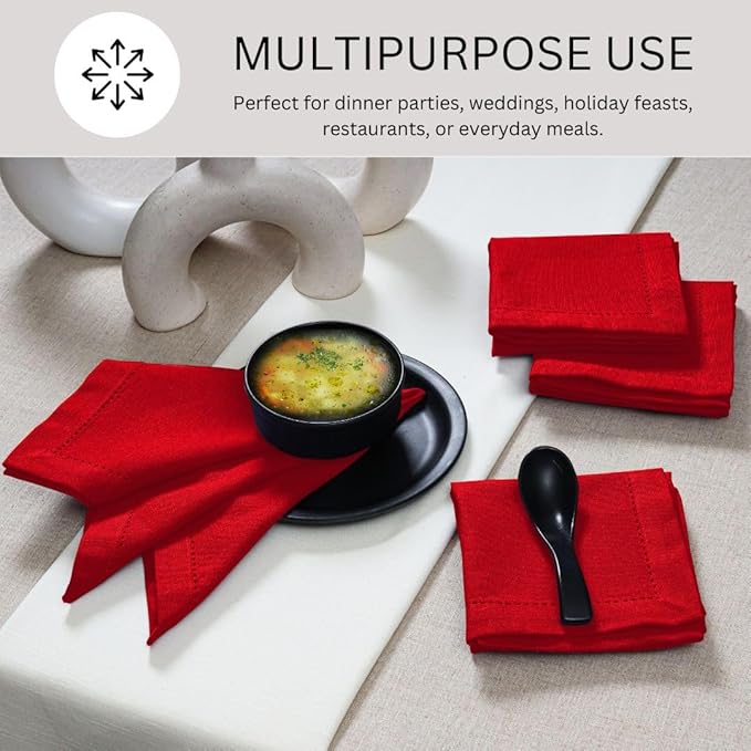 Hemstitch Cloth Dinner Napkins 100% Cotton Set of 6 - for Dining Special Occasions Weddings Parties Holidays Easter - Soft Durable Reusable - Elegant 18x18 Inch Table Cloth Napkins Red