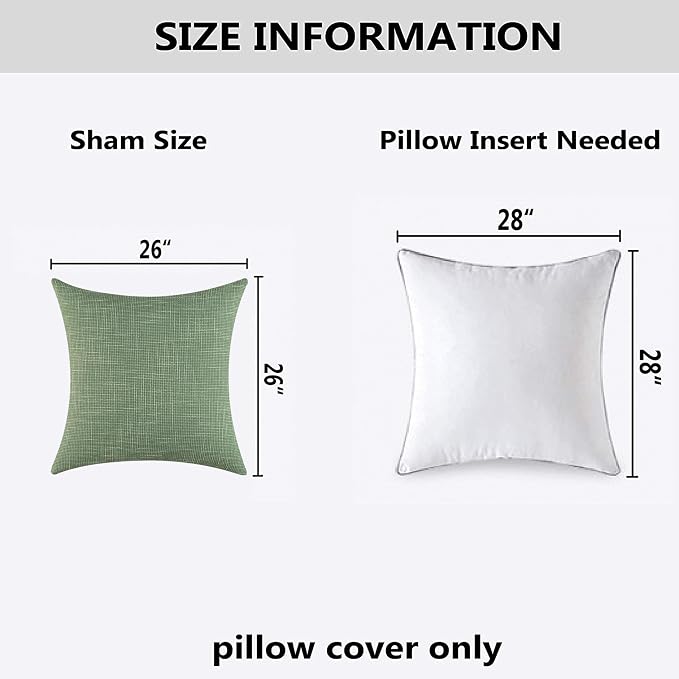 Kevin Textile Set of 2 Spring Sage Green Pillow Covers 26 x 26 Inch Farmhouse Boho Decorative Throw Pillow Covers Linen Cushion Covers for Sofa Couch Décor