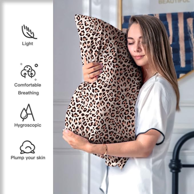 Mulberry Silk Pillowcase for Hair and Skin Standard Size Leopard Print Silk Pillow Cases with Zipper Soft Breathable Smooth Cooling Silk Pillow Covers for Sleeping (Taupe Leopard, 20"X 26",1Pcs)