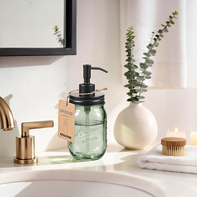 SheeChung Mason Jar Green Glass Soap Dispenser, Stainless Steel Pump, Refillable Dish soap Dispenser for Kitchen, 16Oz Bathroom Hand Soap Dispenser for Lotion, Liquid, Farmhouse Decor-Black, 2 Pack