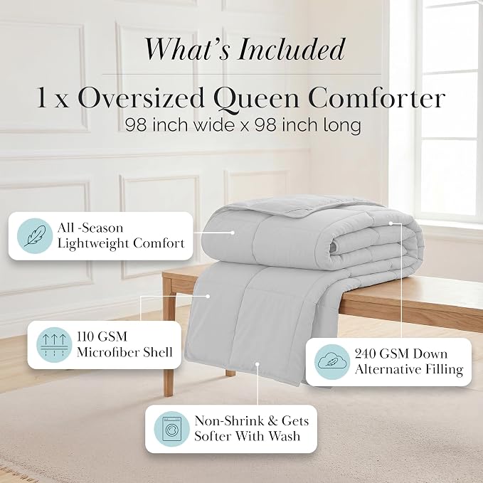 Southshore Fine Living, Inc. Queen / Full Comforters, Pet Hair Resistant Bedding, Down-Alternative Comforter Queen Size, Oversized Fluffy Bedding, Full Size Comforter Only, Light Grey Comforters
