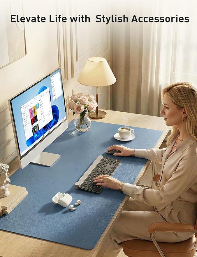 Aothia Faux Leather Desk Mat - Non-Slip PU Leather Desk Blotter, Waterproof Writing Surface, Large Desk Pad for Office & Home (Denim Blue, 55" x 24")