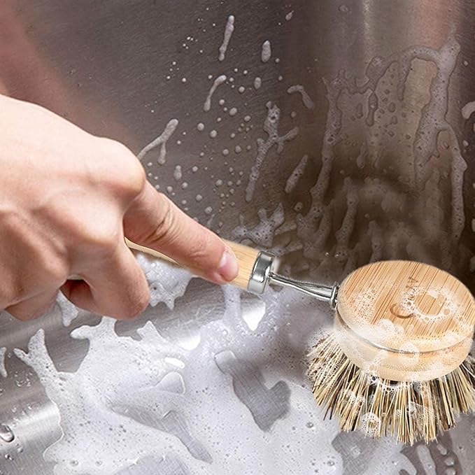 Bamboo Dish Scrubber with Handle - Hard Bristle, Natural Dish Brush Sustainable & Biodegradable, Bamboo Wok Brush for Dishes, Pans and Pots