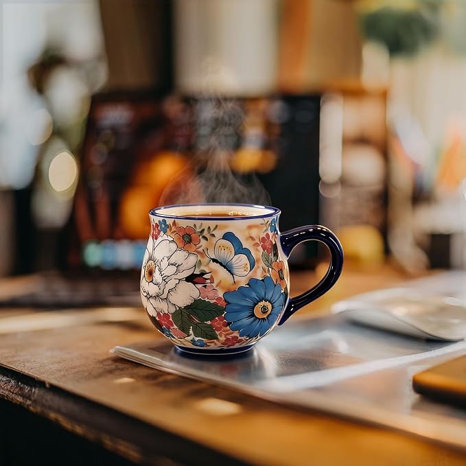 ALMA 12oz Handpainted Ceramic Tea Mugs | Microwave & Dishwasher Safe, Polish Pottery Alternative, Kitchen Cabinet Winter Home Decor, For Home Aesthetic Lovers & Wife