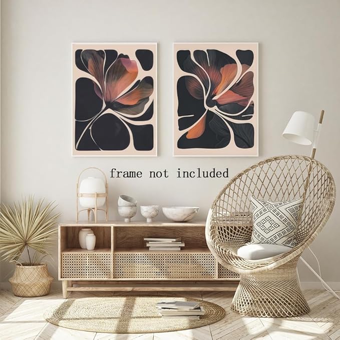 HUYKON Abstract Floral Wall Art Prints Set of 2 Modern Mid Century Botanical Canvas Painting Posters Black Orange Flower Picture Wall Decor Aesthetic for Bedroom Home Decor 24x36inch Unframed