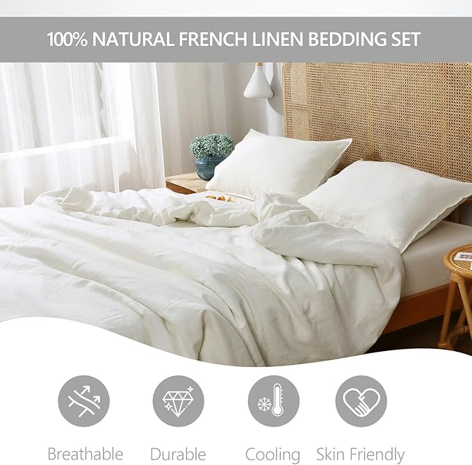 S VICTORY SYMBOL 100% Organic Linen Duvet Cover Set,Stone Washed French Flax Bedding Set,Comforter Cover with Button Closure(Creamy-White,King) 106x92inch Cal King