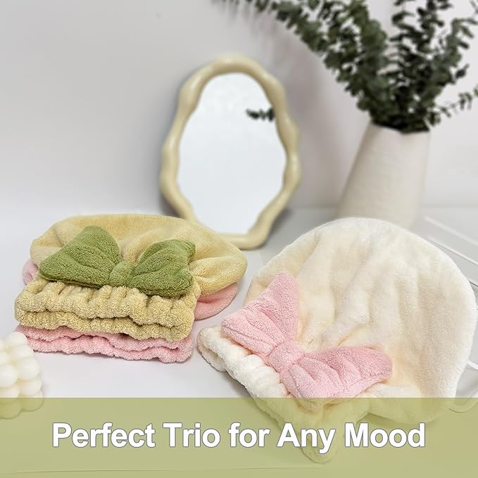 Jseng 3Packs Microfiber Hair Towel for Women - Quick-Drying, Super Absorbent Hair Wrap with Bow Design, Soft Hair Towel Turban for Curly Long Wet Hair