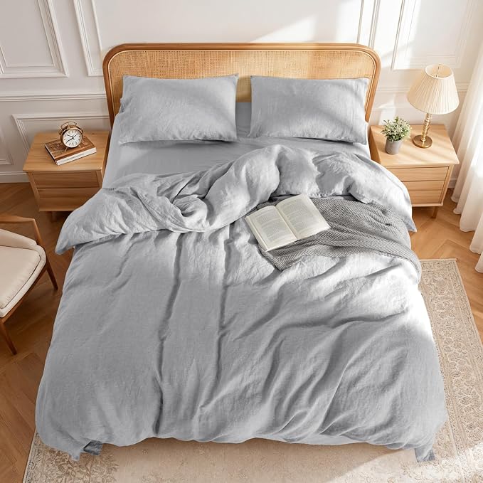 LBRO2M 100% France Linen Duvet Cover Set 3 Pcs Including 1 Flax Comforter Cover with Zipper Closure, 2 Pillowcase, Cozy Duvet Cover King Size, Gray