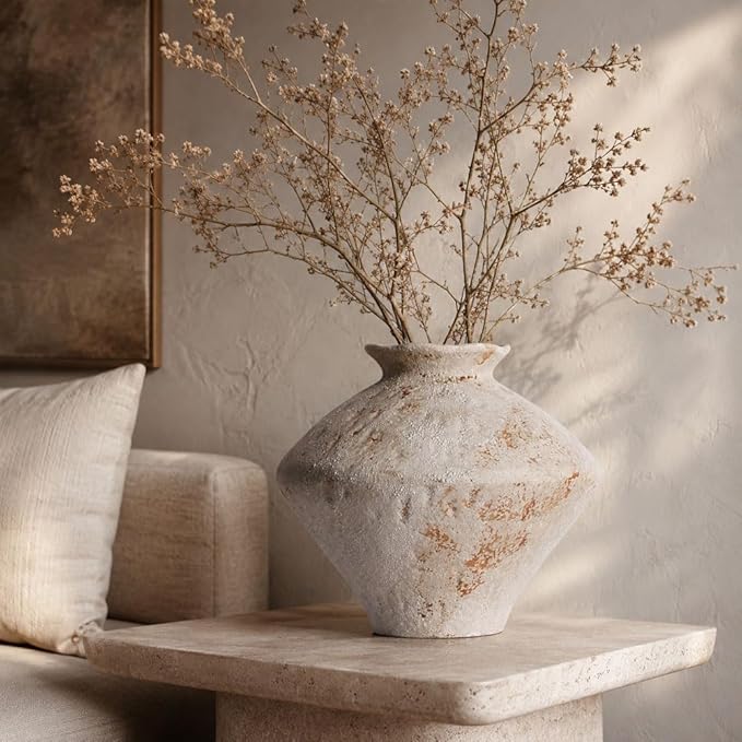 Wabi Sabi Rusty Vintage Vase, 11.4" Tall Wabi Sabi Decor Rustic Farmhouse Pottery Vase for Centerpiece, Textured Pottery Flower Vases for Home Decorative, Table, Living Room (White, Large)