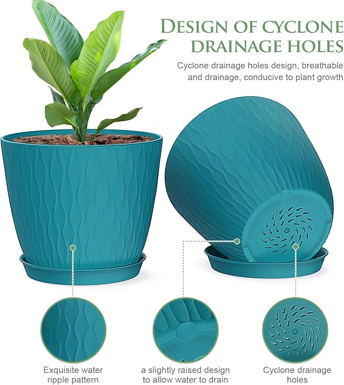 WSMKSZ 6 inch Plant Pots, 5 Pack Flower Pots with Drainage Holes and Saucers for Indoor Plants, Plastic Planters with Water Ripple for Small Garden House Plants, Nursery Pots for Succulent, Blue Green