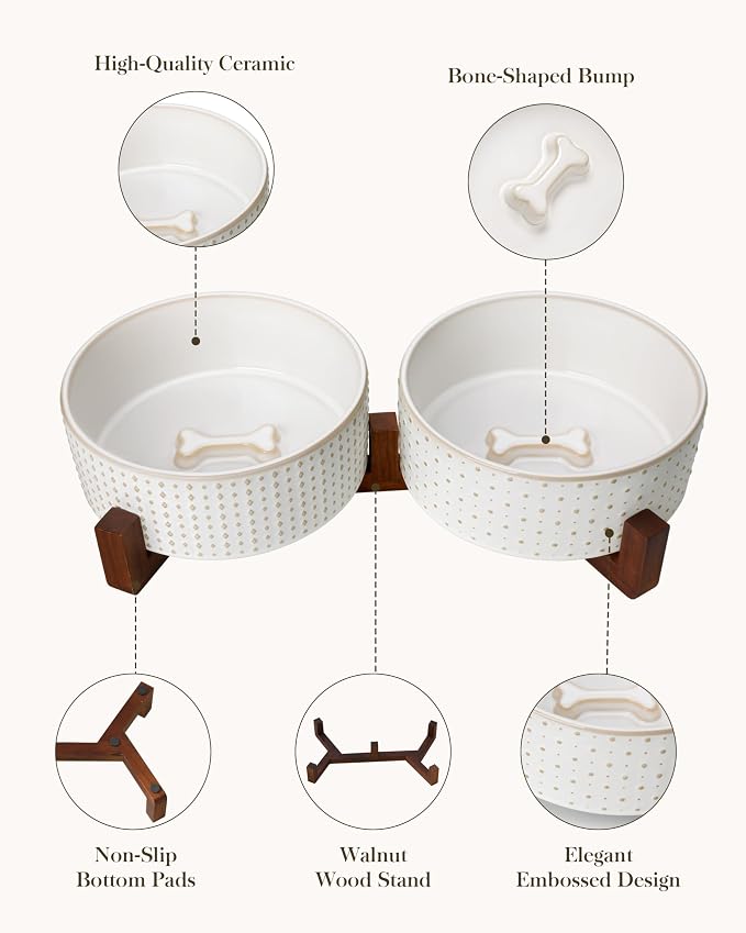 MALACASA Dog Bowl Set with Walnut Wood Stand, 6 Cups Ceramic Pet Bowls for Puppy Dogs, Dual Food and Water Bowls with Weighted Non-Slip Base, Basic Bowls for Your Dog, Rhombic & Polka Dots
