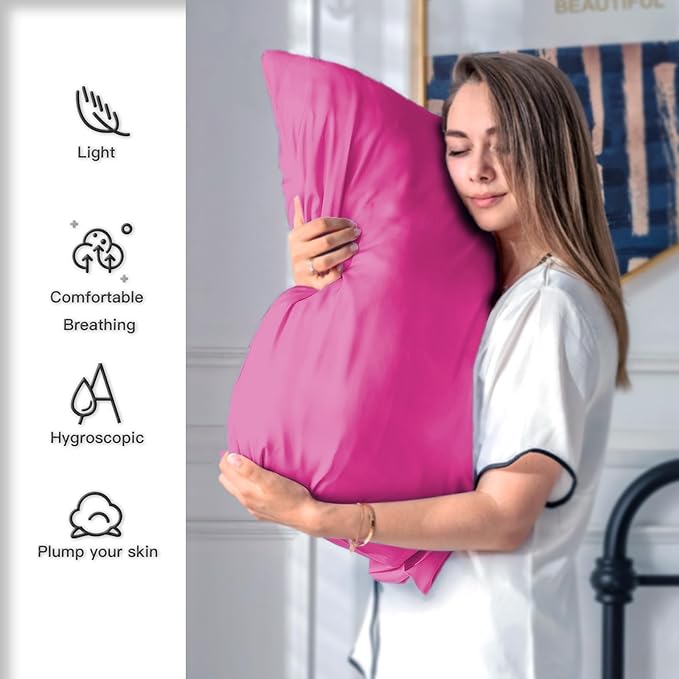 Silk Pillow Cases 2 Pack,Soft Breathable and Sliky Standard Size Pillow Cases Set of 2,Natural Mulberry Silk Pillowcase Set of 2 for Hair and Skin with Hidden Zipper (Hot Pink,20"X 26",2pcs)