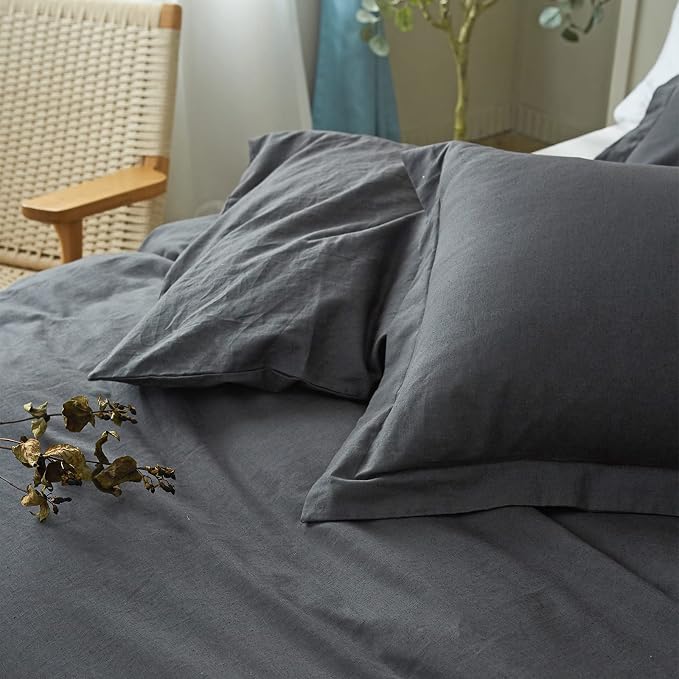 Simple&Opulence French Linen Duvet Cover Set 88" x 92"- 3 Pieces (1 Comforter Cover,2 Pillowcases)- Natural Flax Cotton Blend-Solid Color Breathable Farmhouse Bedding-Charcoal Grey, Queen